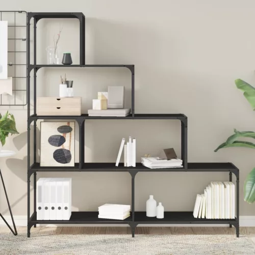  4 szintes fekete szerelt fa könyvespolc 139x33,5x149 cm