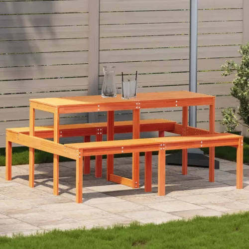  viaszbarna tömör fenyőfa piknik asztal 160 x 134 x 75 cm