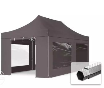 Professional összecsukható sátrak PROFESSIONAL 400g/m2 ponyvával, alumínium szerkezettel, 4 oldalfallal, panoráma ablakkal - 3x6m sötétszürke