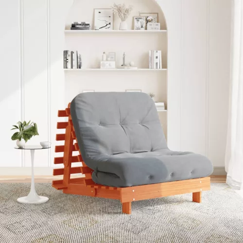  viaszbarna tömör fenyőfa futon kanapéágy matraccal 80x206x11 cm