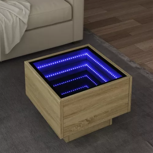  sonoma tölgy színű szerelt fa kisasztal LED-del 40 x 40 x 30 cm
