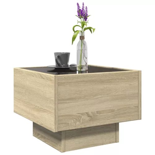  sonoma tölgy színű szerelt fa kisasztal LED-del 40 x 40 x 30 cm