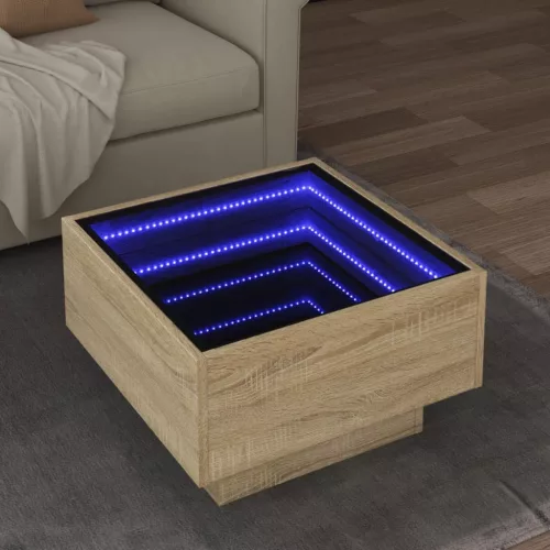  sonoma tölgy szerelt fa dohányzóasztal LED-del 50 x 50 x 30 cm