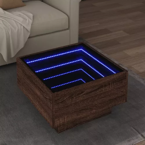  barna tölgy szerelt fa dohányzóasztal LED-del 50 x 50 x 30 cm