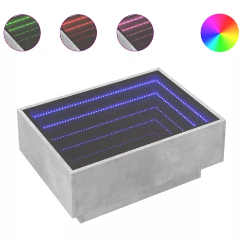  betonszürke szerelt fa dohányzóasztal LED-del 70 x 50 x 30 cm