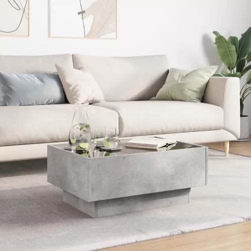  betonszürke szerelt fa dohányzóasztal LED-del 70 x 50 x 30 cm