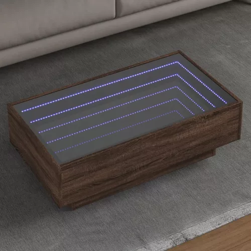  barna tölgy szerelt fa dohányzóasztal LED-del 90 x 50 x 30 cm