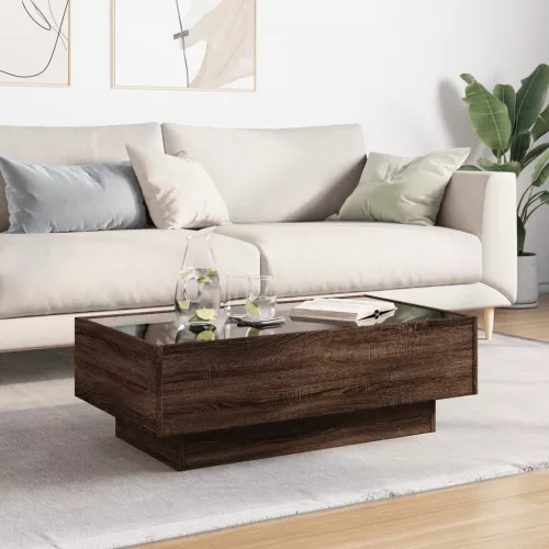  barna tölgy szerelt fa dohányzóasztal LED-del 90 x 50 x 30 cm