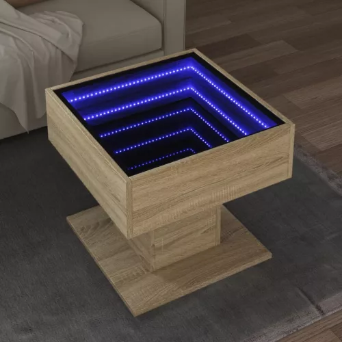  sonoma tölgy szerelt fa dohányzóasztal LED-del 50 x 50 x 45 cm