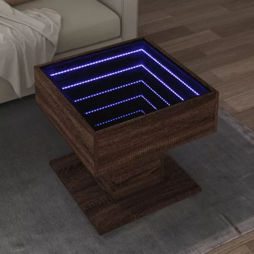  barna tölgy szerelt fa dohányzóasztal LED-del 50 x 50 x 45 cm
