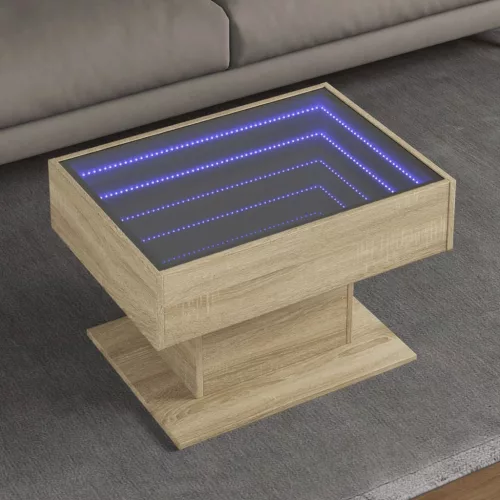  sonoma tölgy szerelt fa dohányzóasztal LED-del 70 x 50 x 45 cm