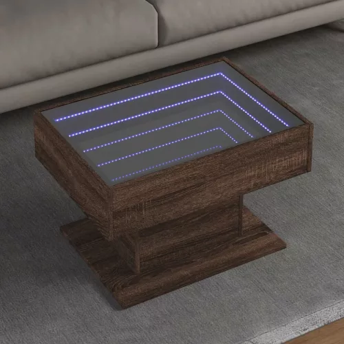  barna tölgy szerelt fa dohányzóasztal LED-del 70 x 50 x 45 cm