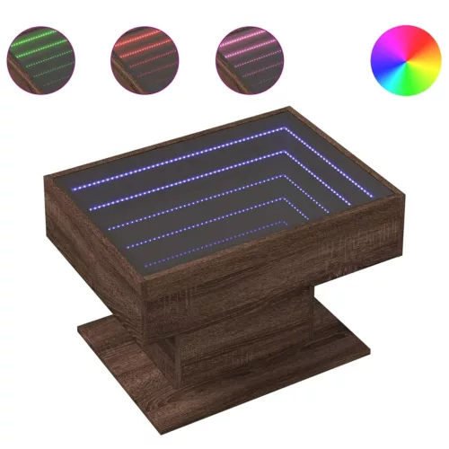  barna tölgy szerelt fa dohányzóasztal LED-del 70 x 50 x 45 cm
