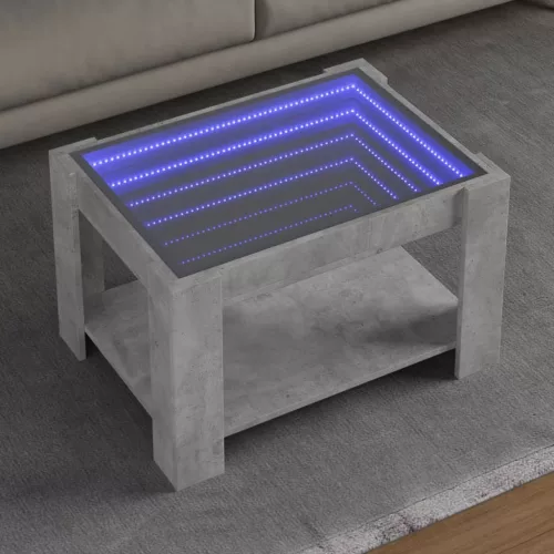  betonszürke szerelt fa dohányzóasztal LED-del 73 x 53 x 45 cm