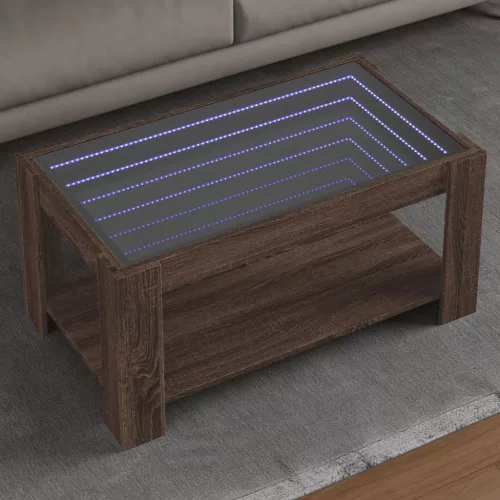  barna tölgy szerelt fa dohányzóasztal LED-del 93 x 53 x 45 cm