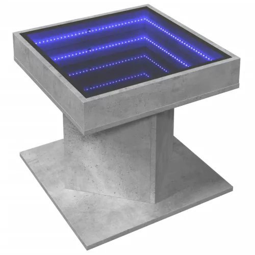  betonszürke szerelt fa dohányzóasztal LED-del 50 x 50 x 45 cm