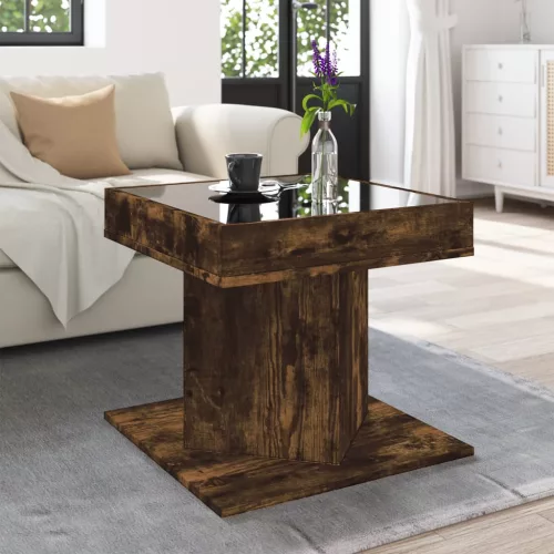  füstös tölgy szerelt fa dohányzóasztal LED-del 50 x 50 x 45 cm