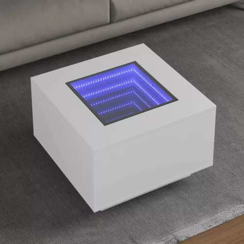 fehér szerelt fa dohányzóasztal LED-lámpákkal 60 x 60 x 40 cm