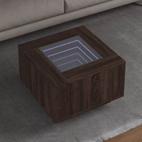  barna tölgy szerelt fa dohányzóasztal LED-del 60 x 60 x 40 cm