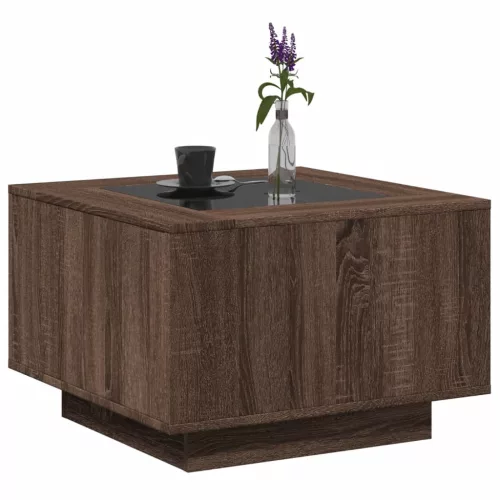  barna tölgy szerelt fa dohányzóasztal LED-del 60 x 60 x 40 cm