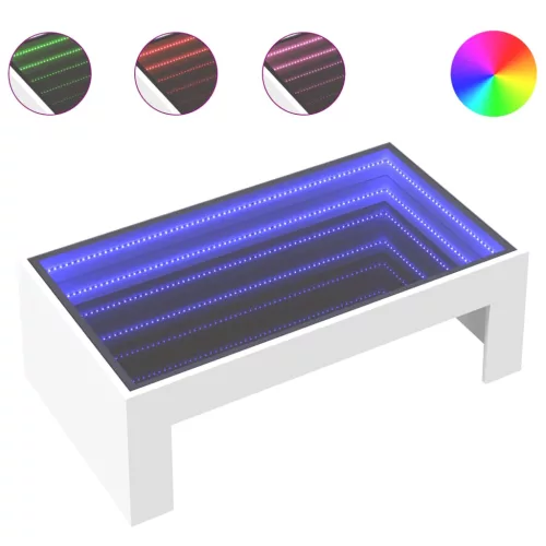  fehér végtelen hatású LED-es dohányzóasztal 90 x 50 x 30 cm