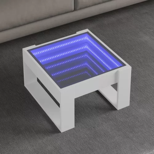 fehér végtelen hatású LED-es dohányzóasztal 50 x 53 x 30 cm