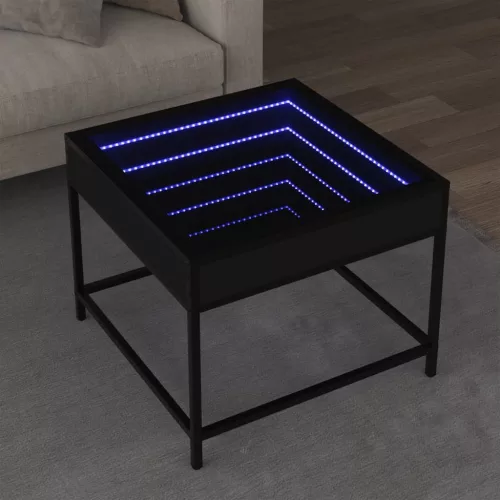  fekete végtelen hatású LED-es dohányzóasztal 50 x 50 x 41 cm