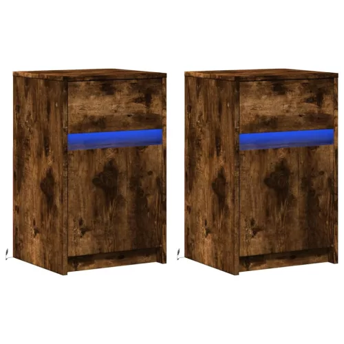  2 db füstös tölgy színű szerelt fa éjjeliszekrény LED-fényekkel