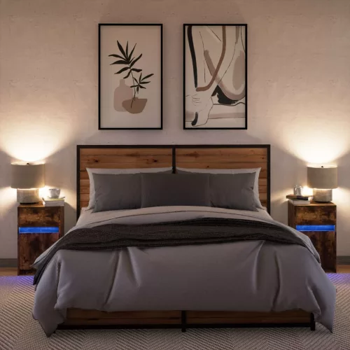  2 db füstös tölgy színű szerelt fa éjjeliszekrény LED-fényekkel