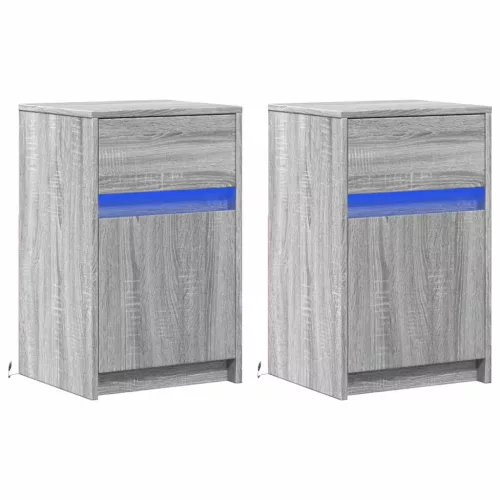  2 db szürke sonoma színű szerelt fa éjjeliszekrény LED-ekkel