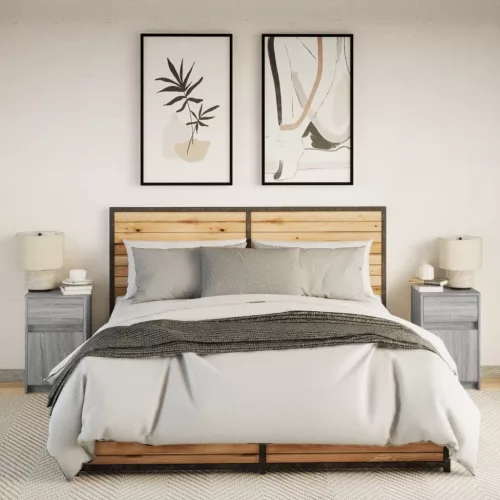  2 db szürke sonoma színű szerelt fa éjjeliszekrény LED-ekkel