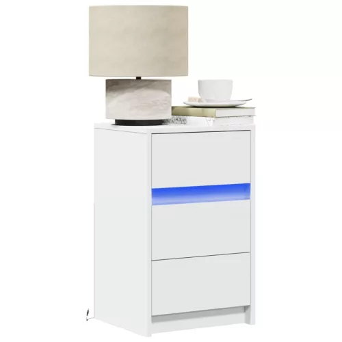  fehér szerelt fa éjjeliszekrény LED-fényekkel