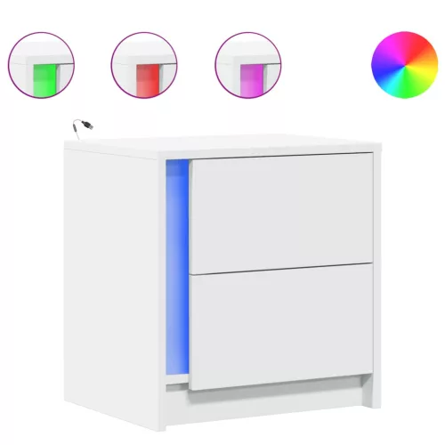  2 db fehér szerelt fa éjjeliszekrény LED-fényekkel