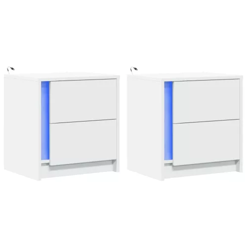  2 db fehér szerelt fa éjjeliszekrény LED-fényekkel