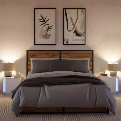  2 db fehér szerelt fa éjjeliszekrény LED-fényekkel