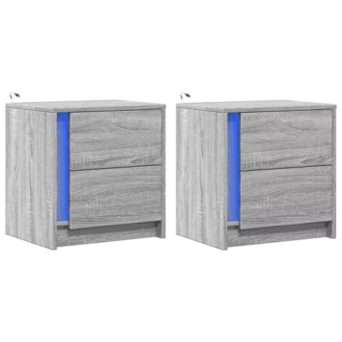  2 db szürke sonoma színű szerelt fa éjjeliszekrény LED-ekkel