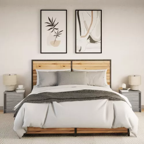  2 db szürke sonoma színű szerelt fa éjjeliszekrény LED-ekkel