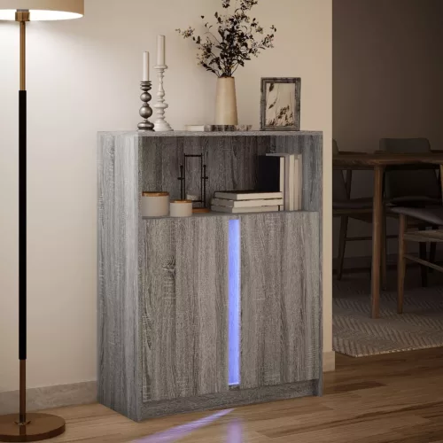  szürke sonoma szerelt fa tálalószekrény LED-del 77x34x100 cm