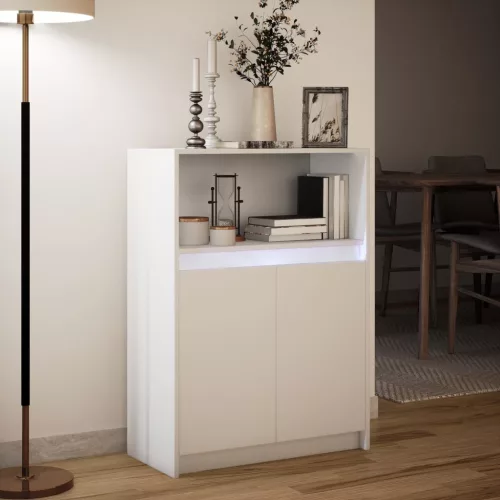  fehér szerelt fa tálalószekrény LED-del 72 x 34 x 100 cm