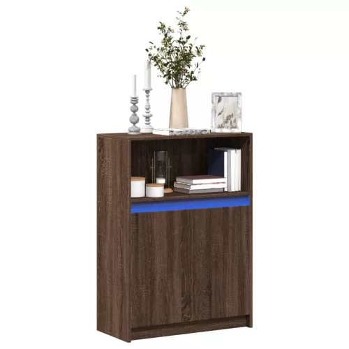  barna tölgy színű szerelt fa tálalószekrény LED-del 72x34x100cm
