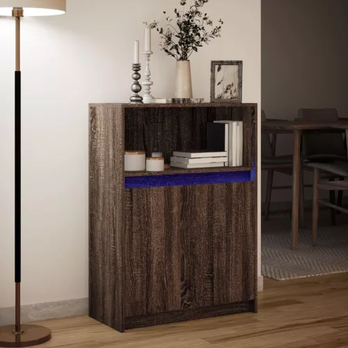  barna tölgy színű szerelt fa tálalószekrény LED-del 72x34x100cm