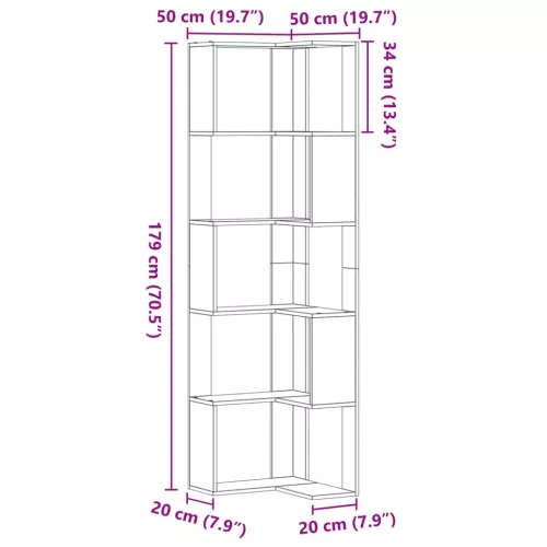  5 szintes betonszürke szerelt fa sarok könyvespolc 50x50x179 cm