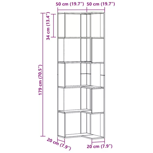  5 szintes szerelt fa sarok könyvespolc 50 x 50 x 179cm