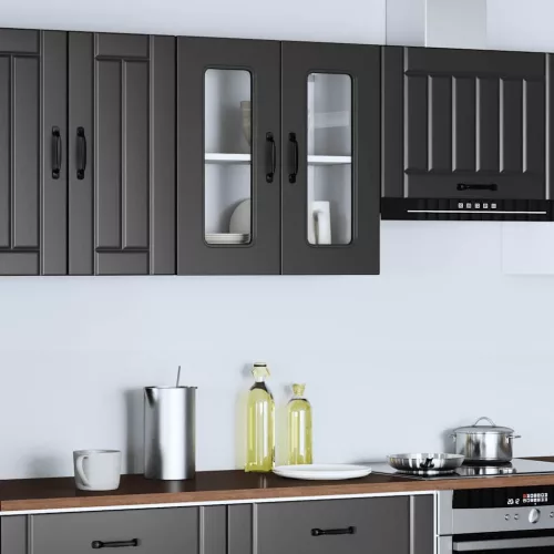  Konyhai fali szekrény üvegajtóval Kalmar fekete színű fűrészáru