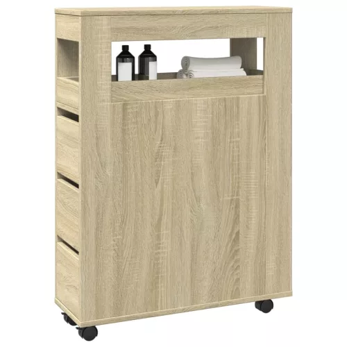  sonoma tölgy színű szerelt fa görgős keskeny fürdőszobaszekrény