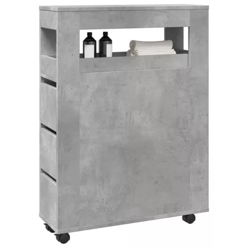  betonszürke szerelt fa görgős keskeny fürdőszobaszekrény