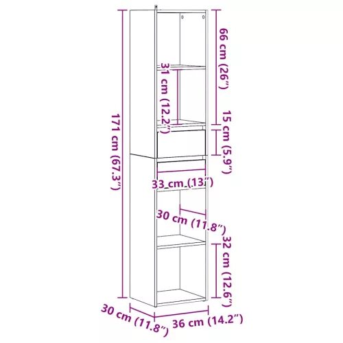  Régi fa forgácslap könyvszekrény 36 x 30 x 171 cm