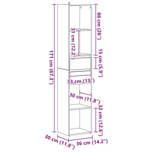  kézműves tölgy színű szerelt fa könyvszekrény 36x30x171 cm