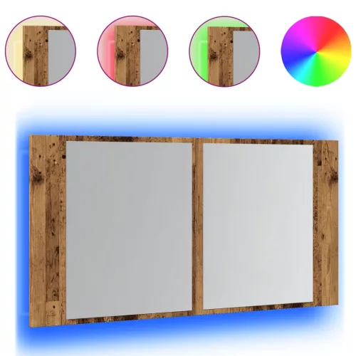  antik fa színű szerelt fa tükrösszekrény LED-del 90x12x45 cm