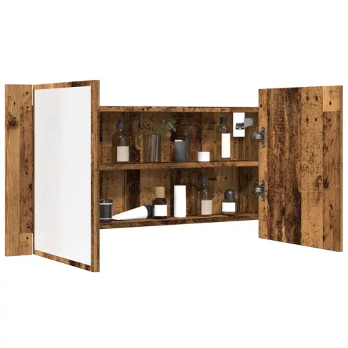  antik fa színű szerelt fa tükrösszekrény LED-del 90x12x45 cm